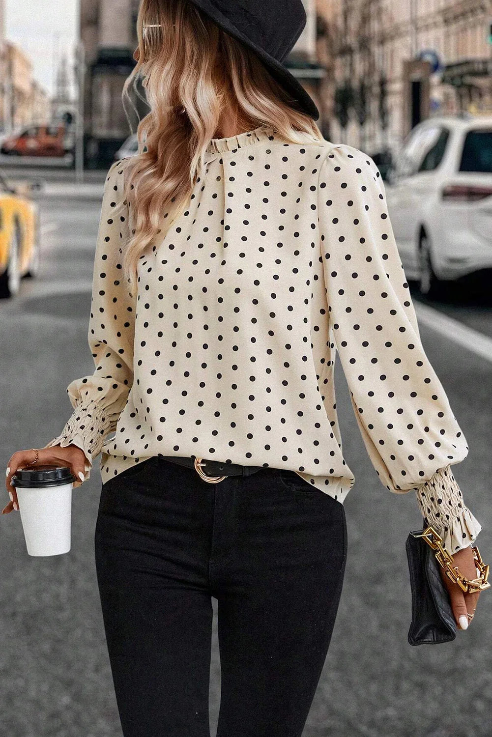 Apricot Polka Dot Print Frill Neck Smocked Lantern Sleeve Blouse - minbolu -