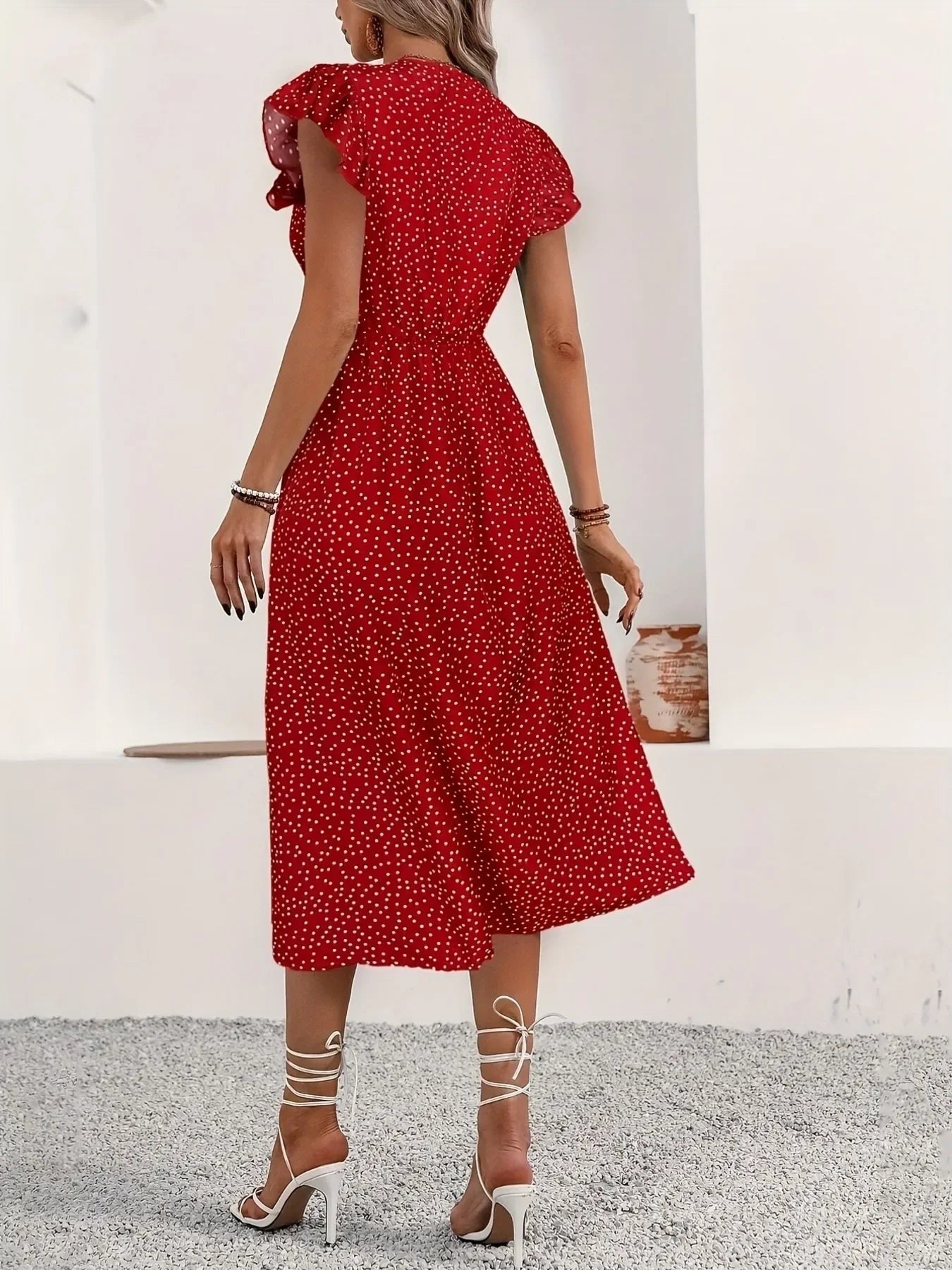 Button-Front Midi Dress with Ruffle Sleeves - minbolu -