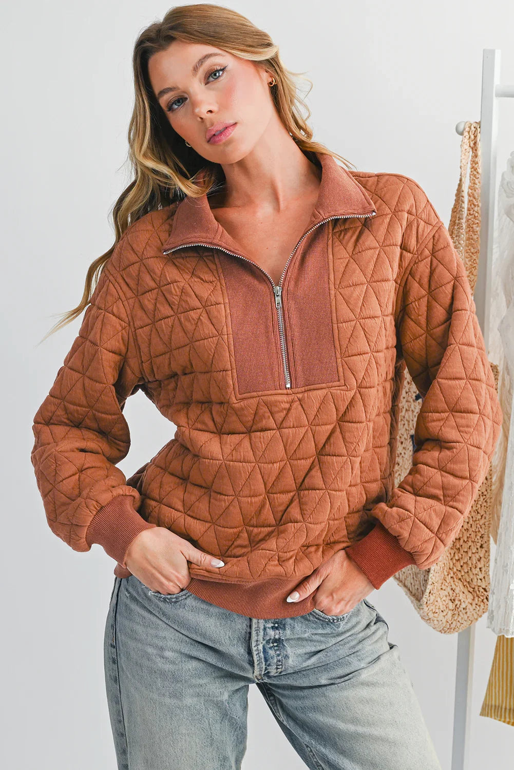 Straw Yellow Textured Zipper Neck Long Sleeve Pullover Sweatshirt - minbolu -