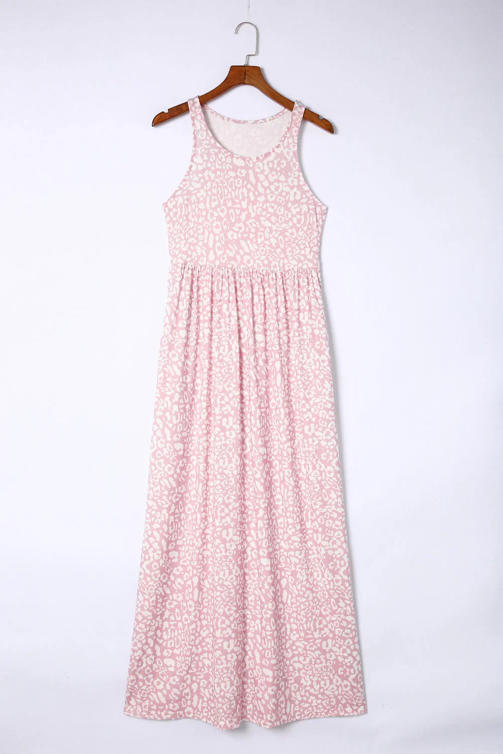 Pink Sleeveless Floor Length Leopard Print Dress with Pockets - minbolu -
