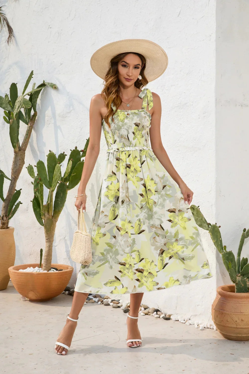 Printed Square Neck Midi Dress - minbolu -