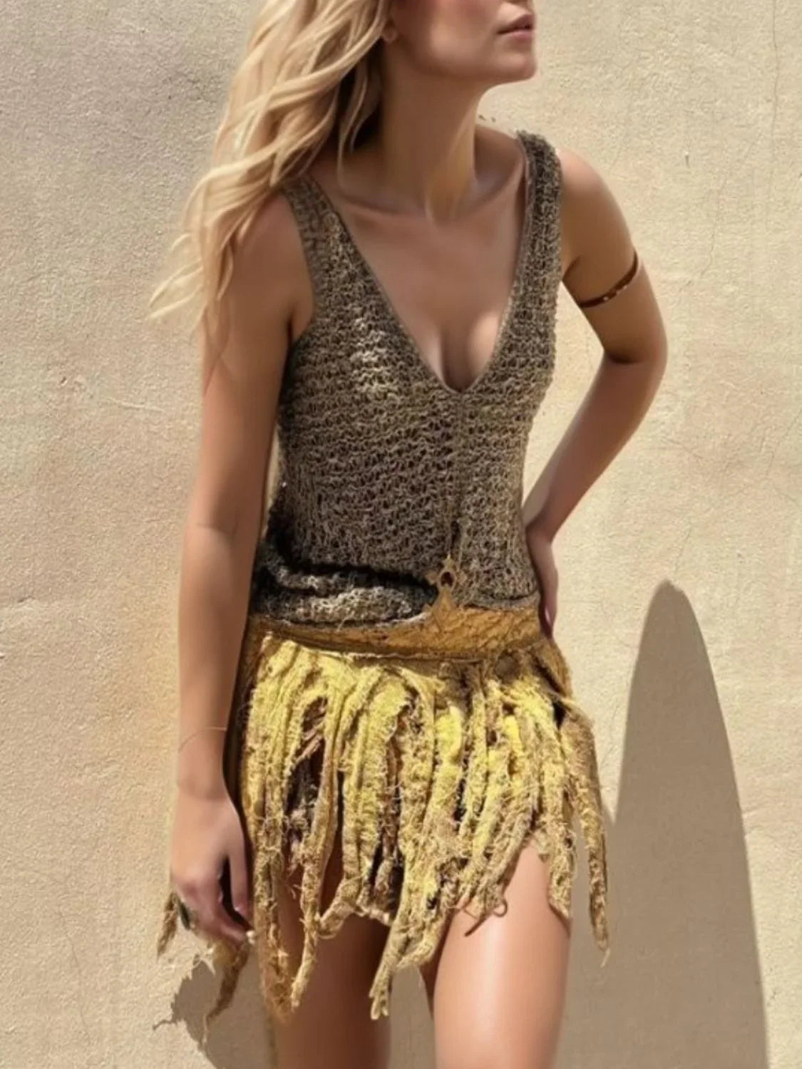 Openwork Crochet V-Neck Tank Top - Lightweight Acrylic Knit - minbolu -