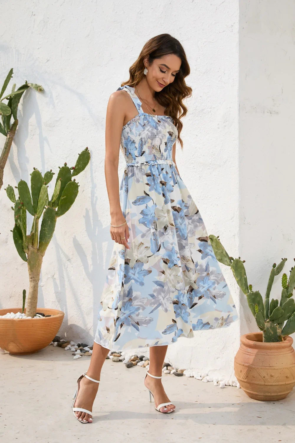 Printed Square Neck Midi Dress - minbolu -
