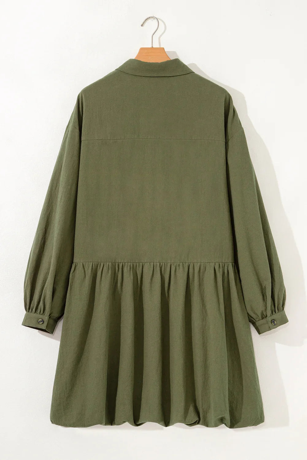Green Plus Size Mini Shirt Dress - Long Sleeve Ruffle Hem | Flattering Fit - minbolu -