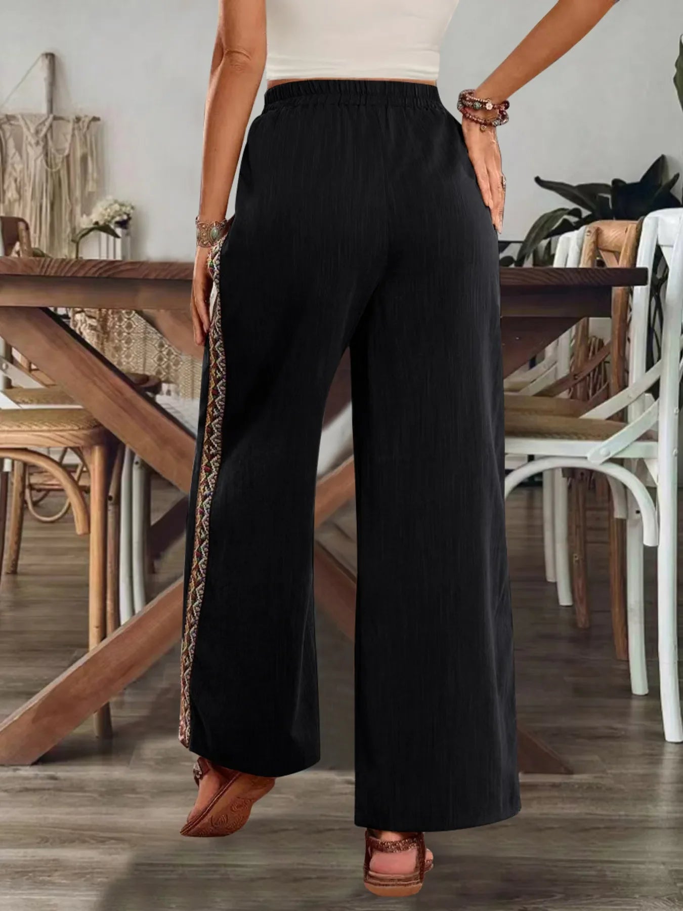 Bohemian Wide Leg Embroidered Side Stripe Pants - minbolu -