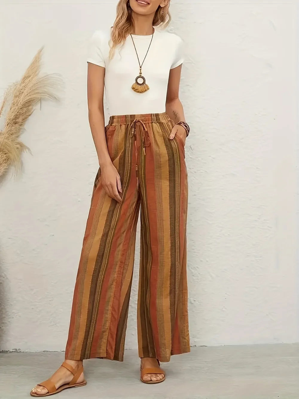 Full Size Drawstring Striped Wide Leg Pants - minbolu -