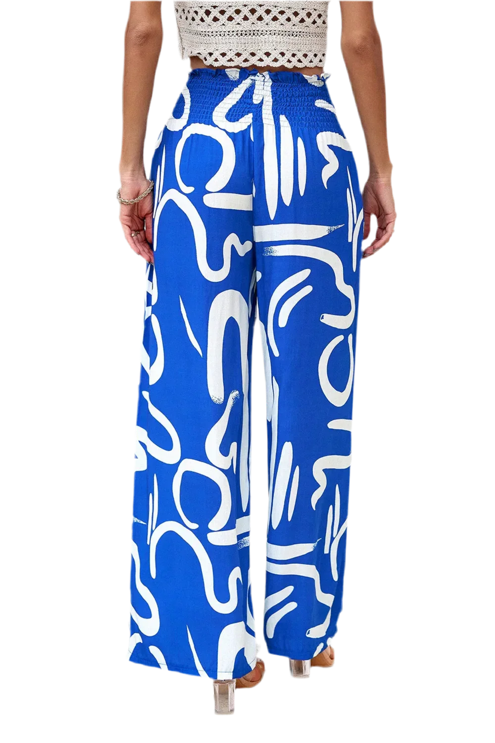 Printed Wide Leg Smocked Pants with Pockets - minbolu -