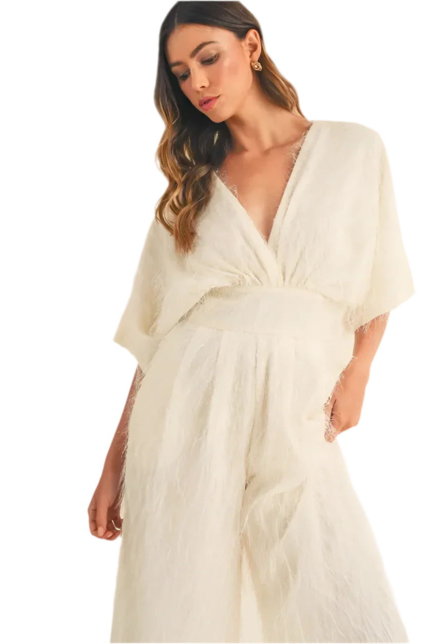 Fluffy Deep V Neck Wide Leg Jumpsuit - minbolu -