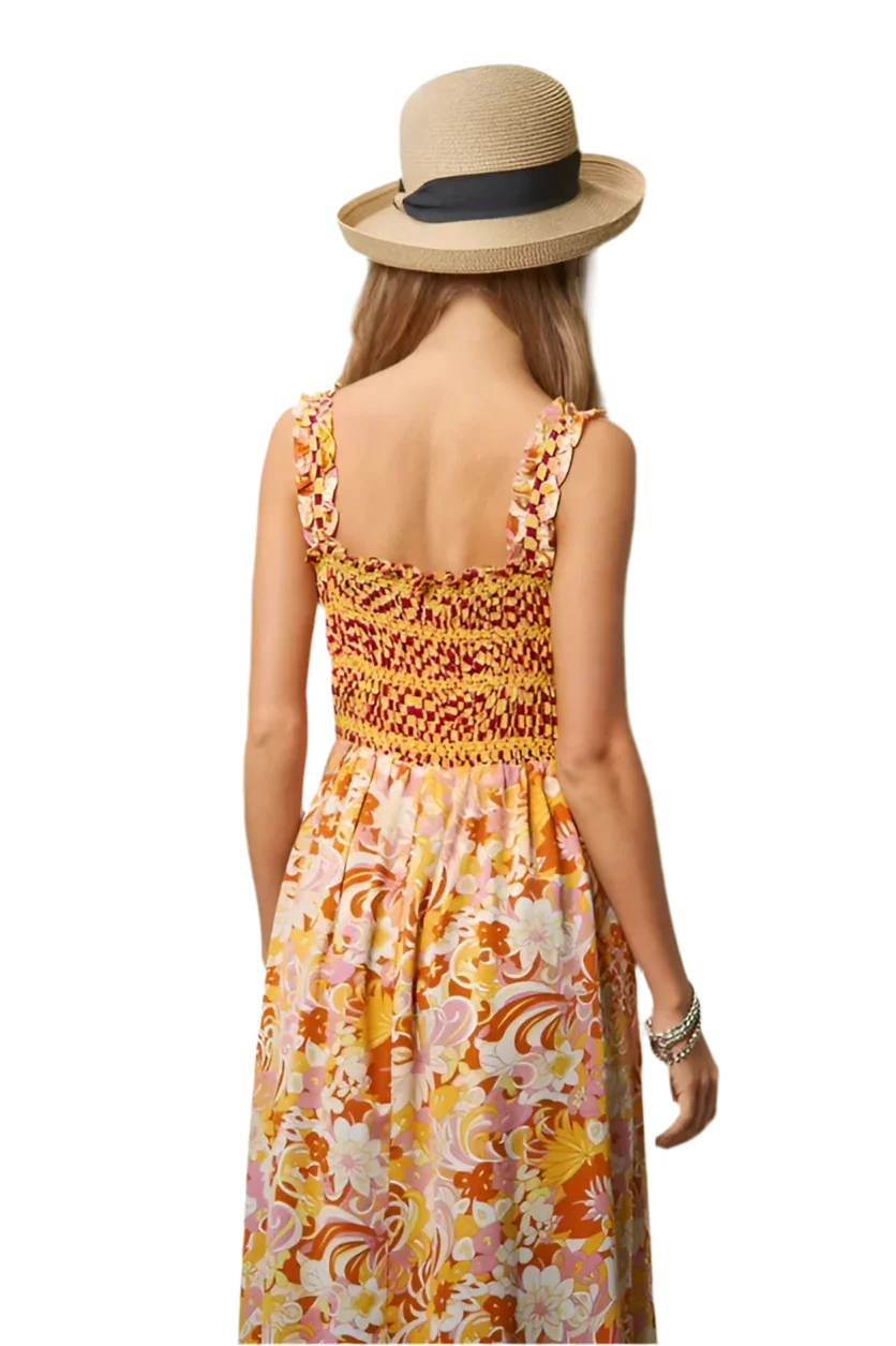 Multi Smocked Geo Ruffle Midi Dress - minbolu -