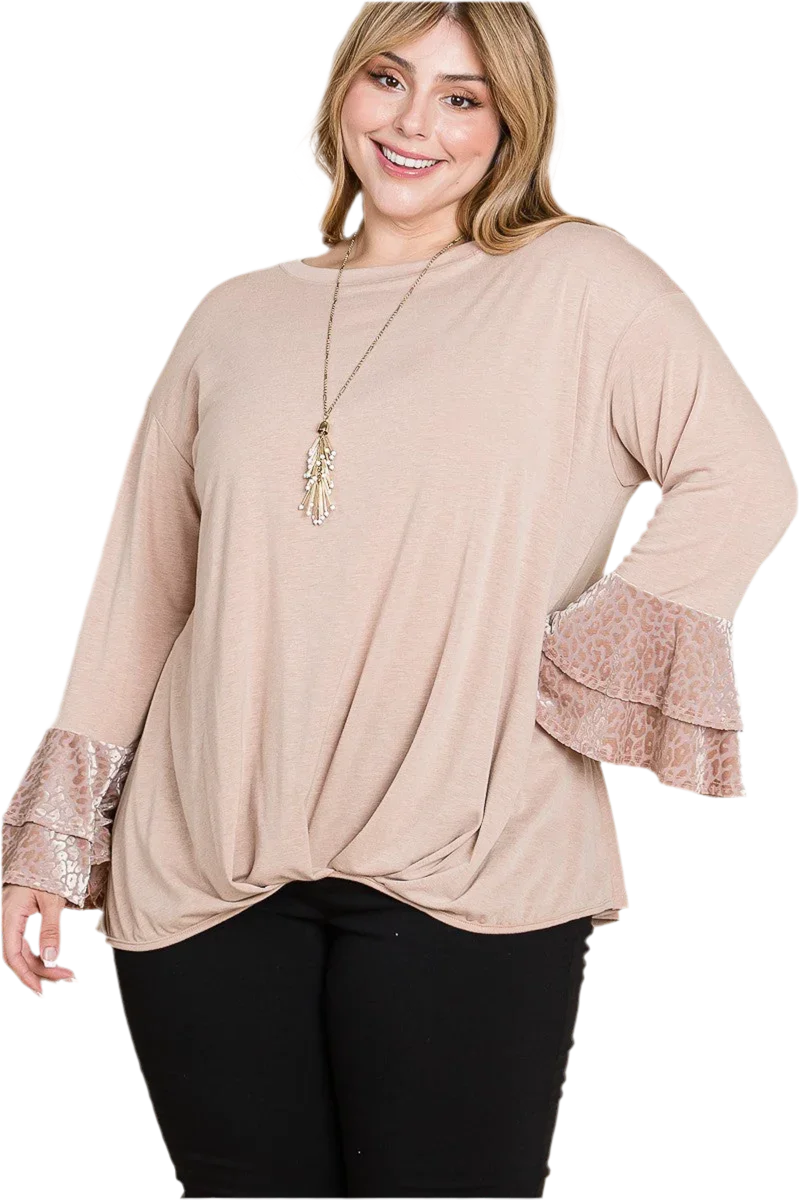Plus Size Two Tier Velvet Animal Mesh Sleeves Top - minbolu -