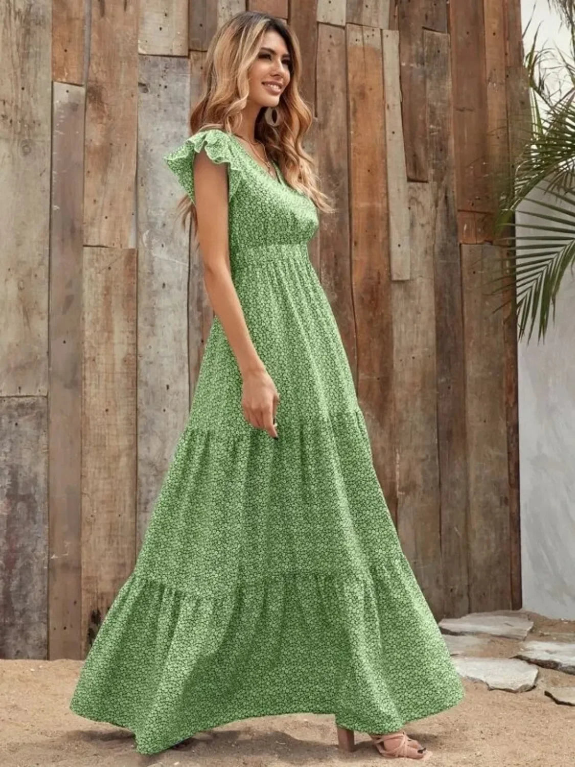 V-Neck Ruffled Cap Sleeve Prairie Maxi Dress - minbolu -