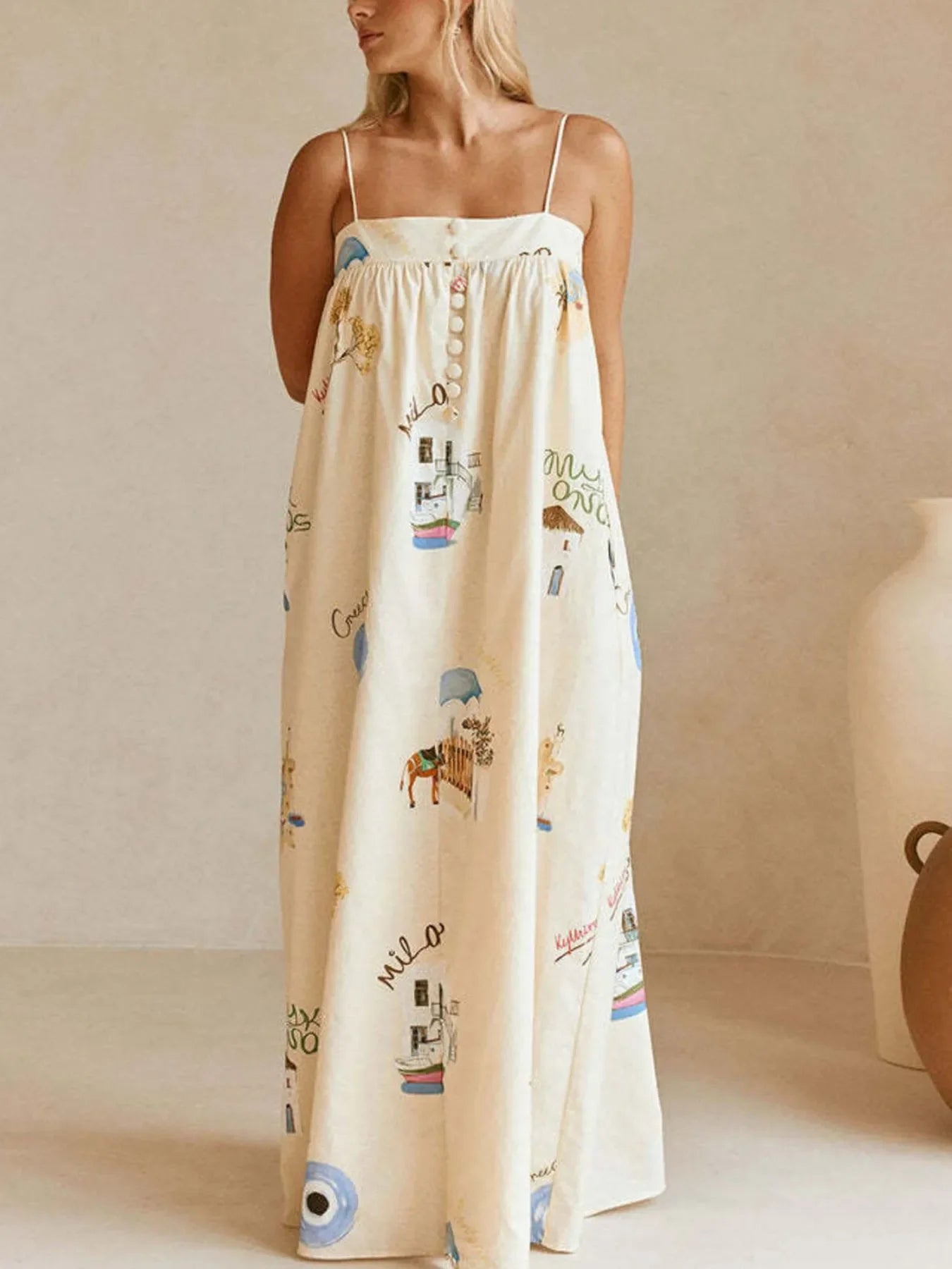 Women's Maxi Dress - Bohemian Print Cami with Pockets Long Dress - minbolu -