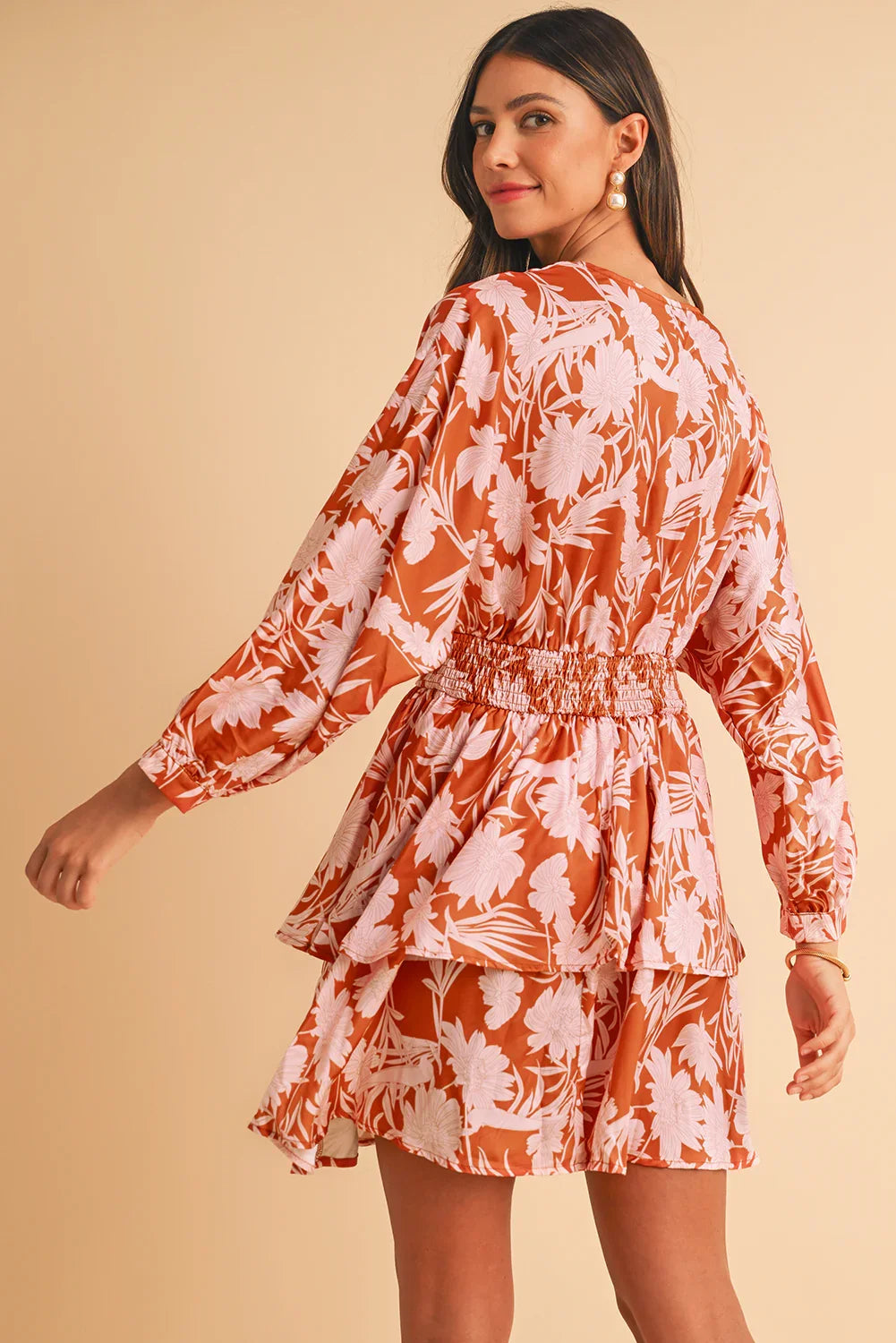 Brown Floral Puff Sleeve Shirred Waist Layered Dress - minbolu -