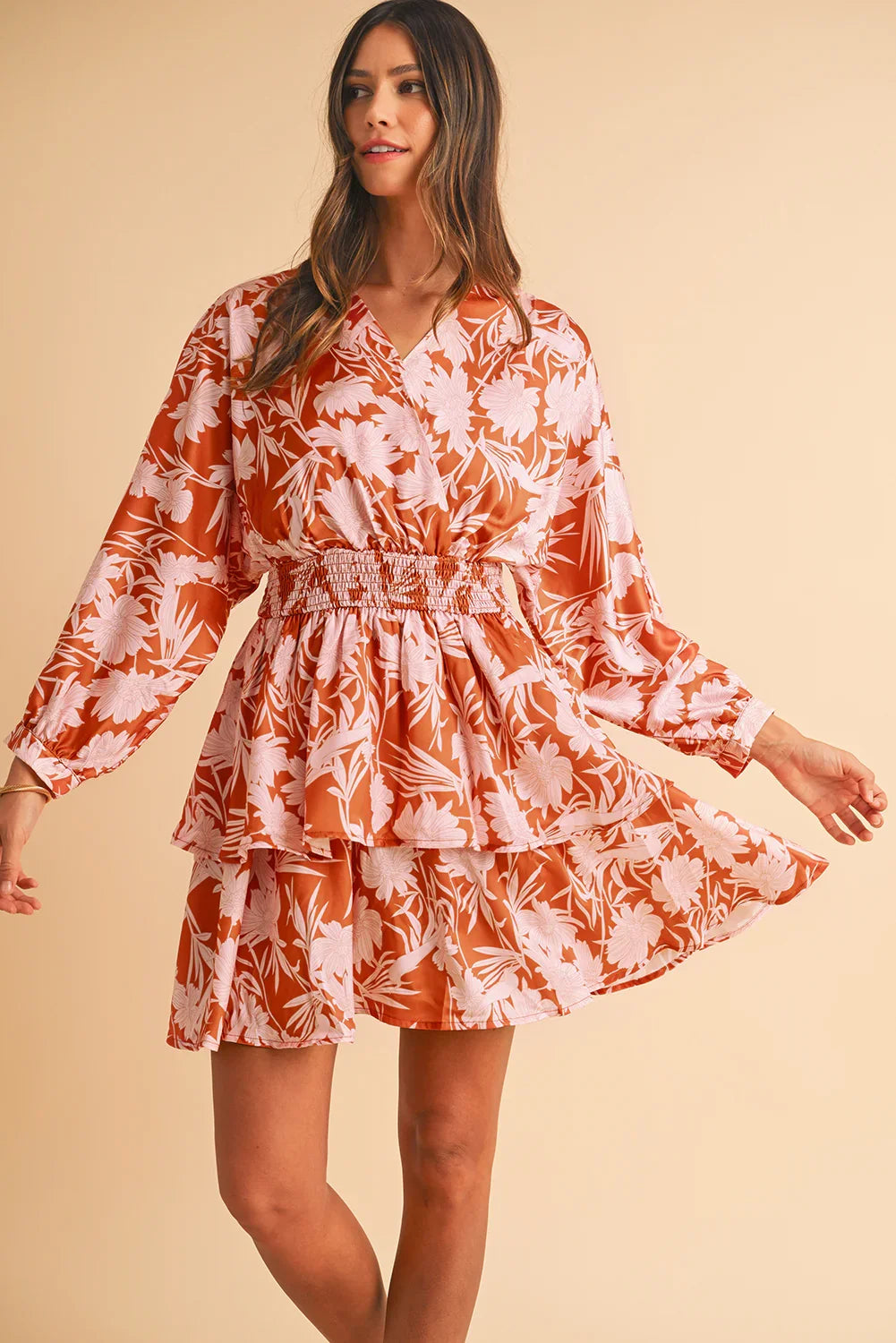 Brown Floral Puff Sleeve Shirred Waist Layered Dress - minbolu -