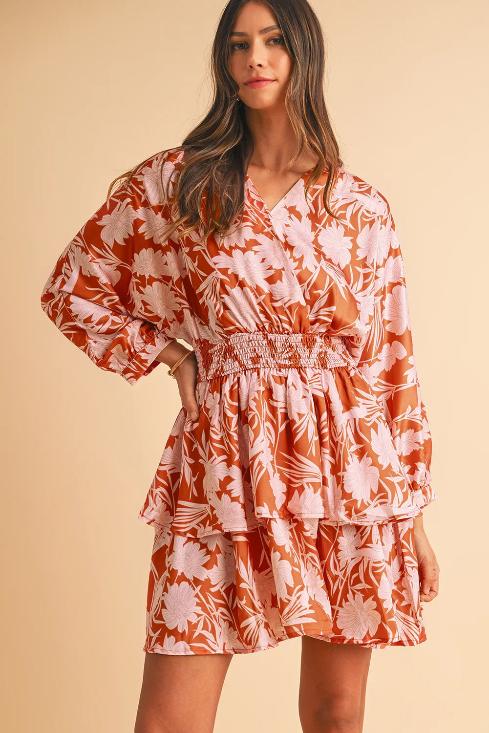 Brown Floral Puff Sleeve Shirred Waist Layered Dress - minbolu -