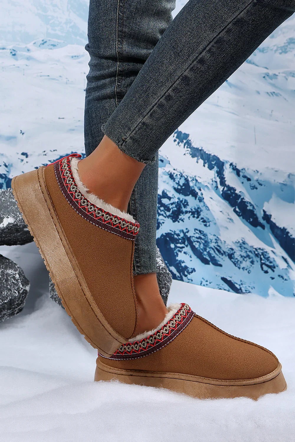 Chestnut Suede Contrast Print Round Toe Plush Lined Flats - minbolu -