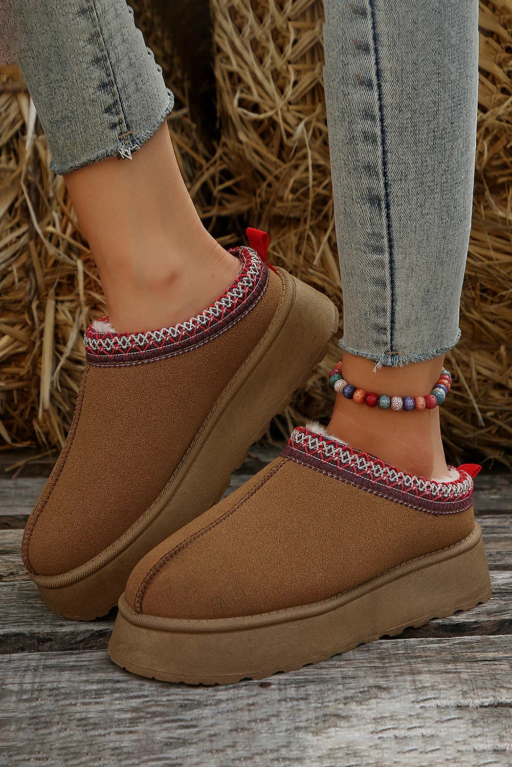 Chestnut Suede Contrast Print Round Toe Plush Lined Flats - minbolu -