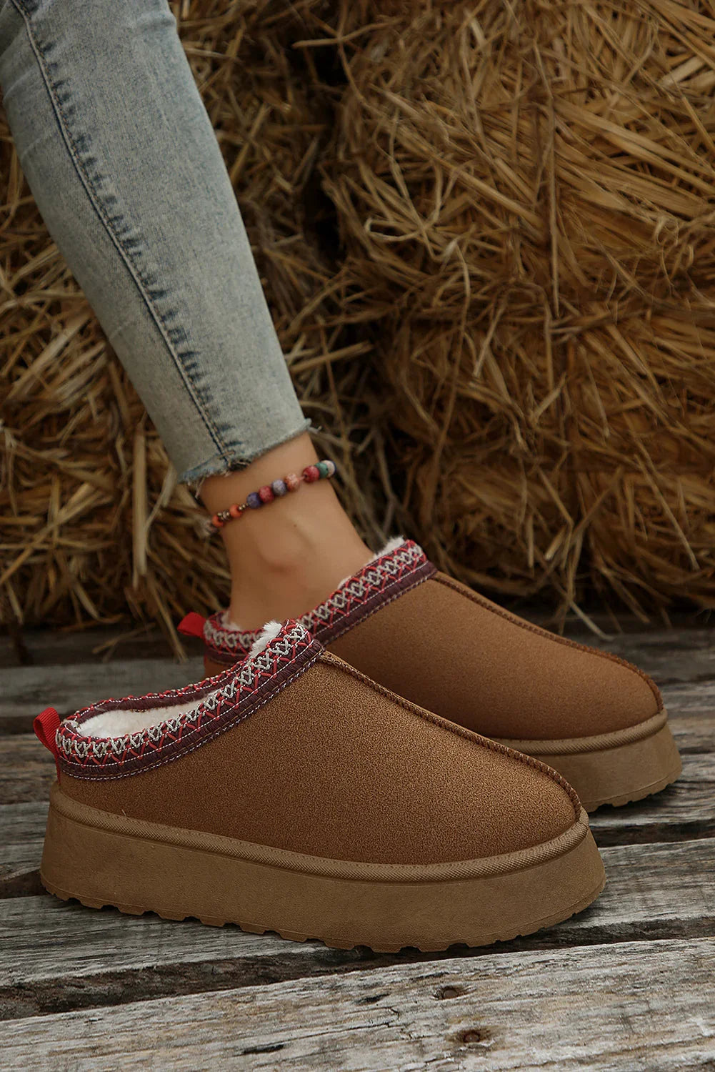 Chestnut Suede Contrast Print Round Toe Plush Lined Flats - minbolu -