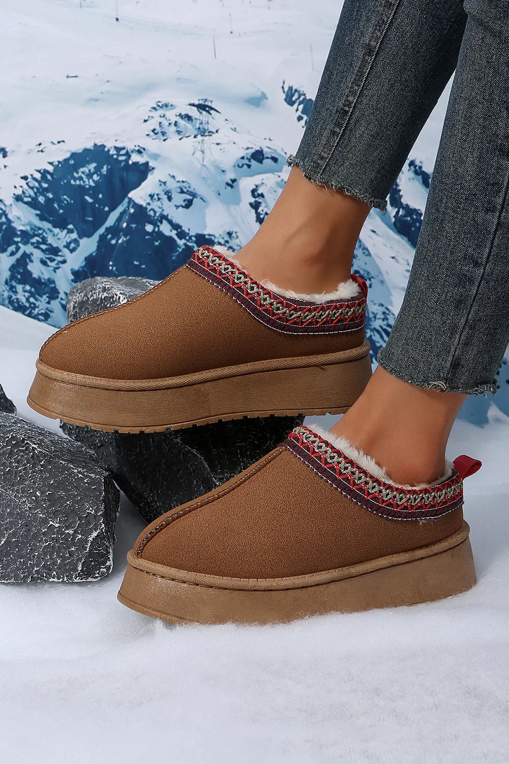 Chestnut Suede Contrast Print Round Toe Plush Lined Flats - minbolu -
