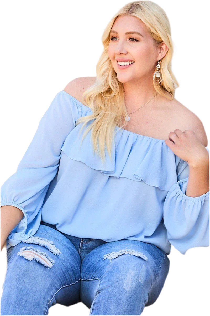 Dusty Blue Off Shoulder Ruffle Top - minbolu -