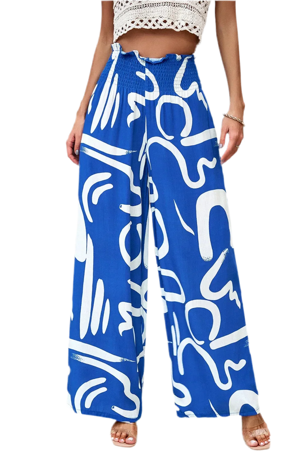 Printed Wide Leg Smocked Pants with Pockets - minbolu -
