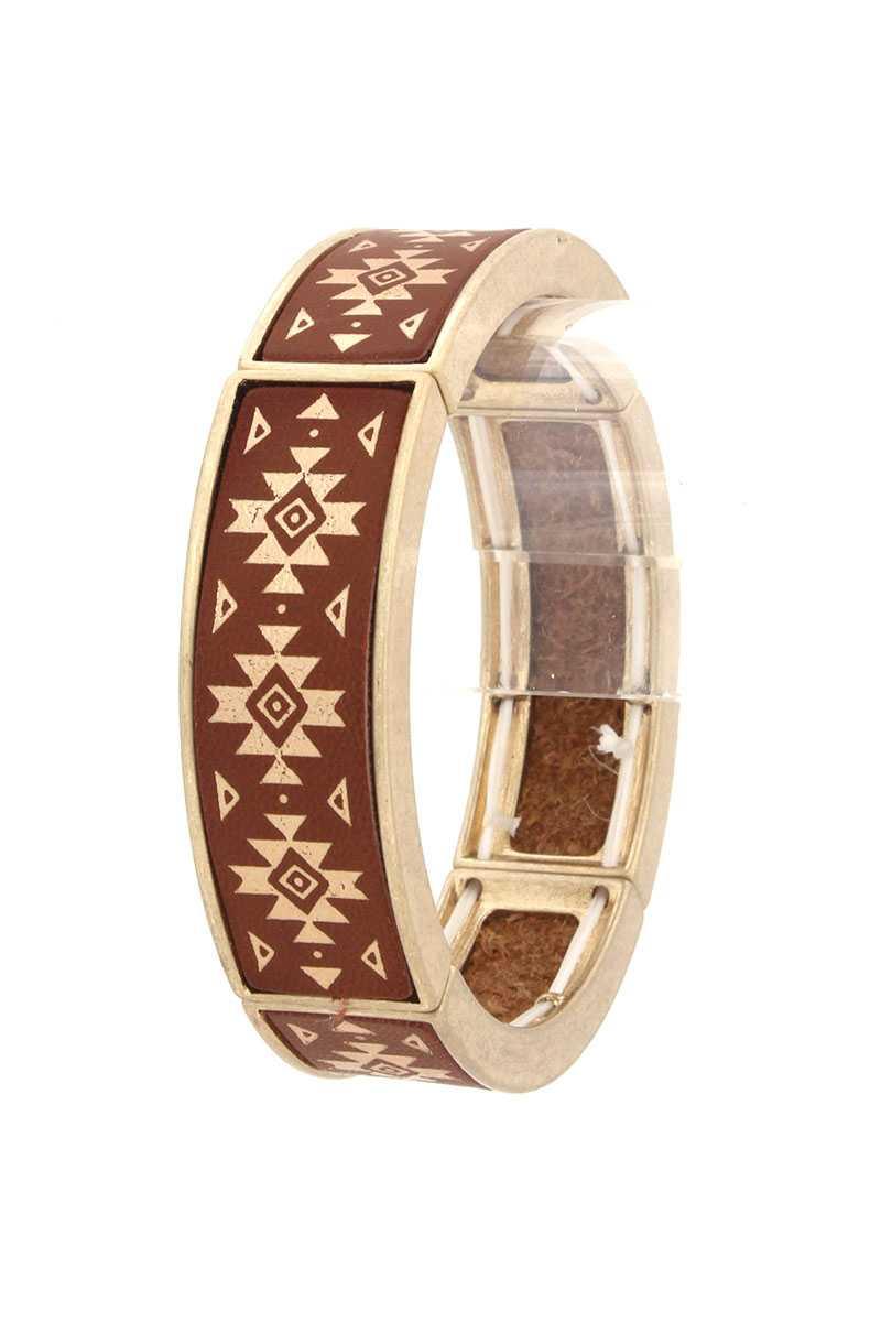 Aztec Pattern Metal Stretch Bracelet: Brown - minbolu -