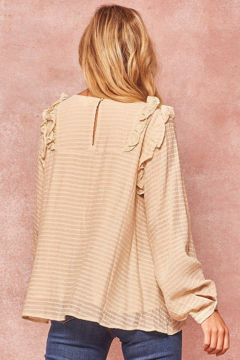A Semi-sheer Striped Woven Top: Beige - minbolu -