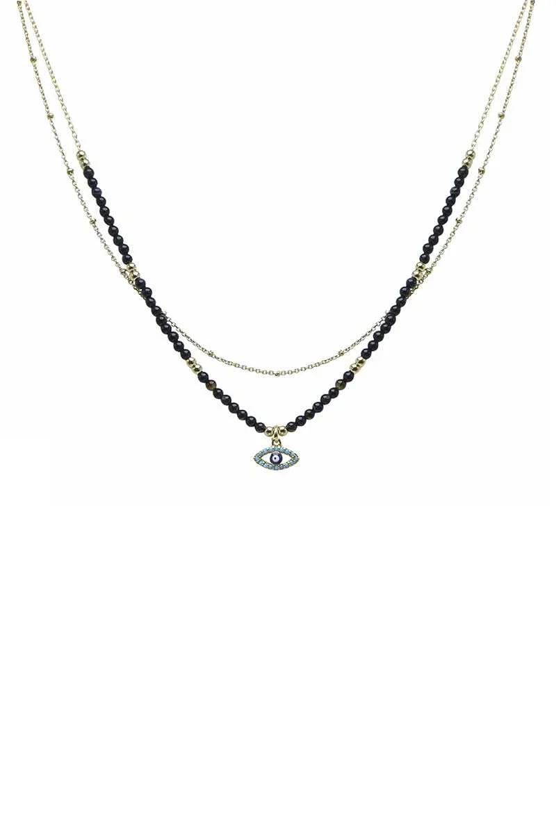 2 Layered Metal Seed Bead Evil Eye Pendant Necklace - minbolu -