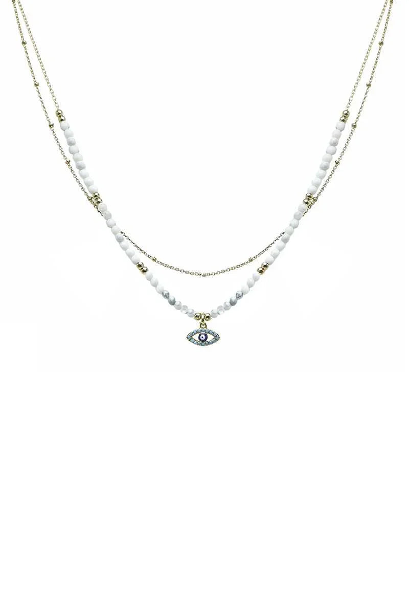 2 Layered Metal Seed Bead Evil Eye Pendant Necklace - minbolu -