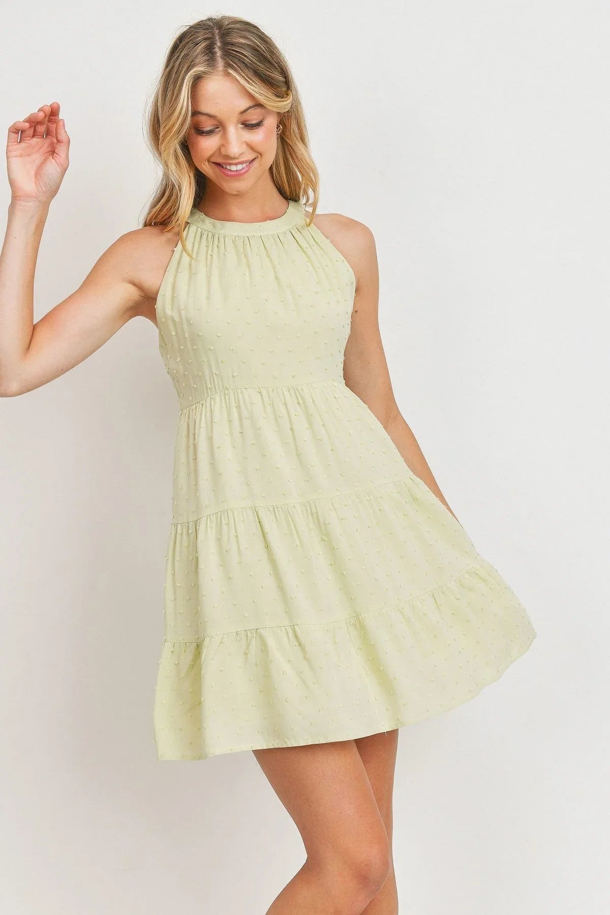 Sage Swiss Dot Halter Dress | Sleeveless & Elegant - minbolu -