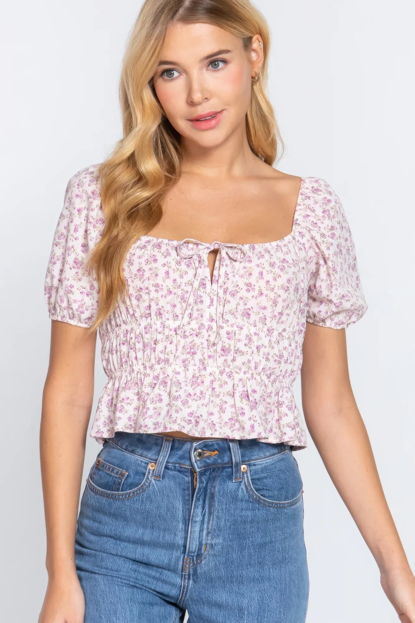 Short Sleeve Shirring Print Woven Top in Beige - minbolu -