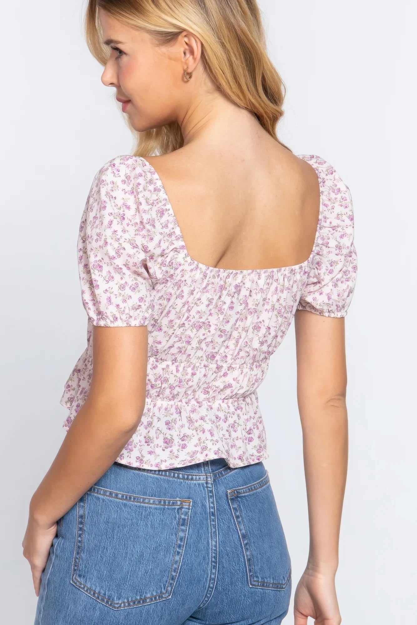 Short Sleeve Shirring Print Woven Top in Beige - minbolu -
