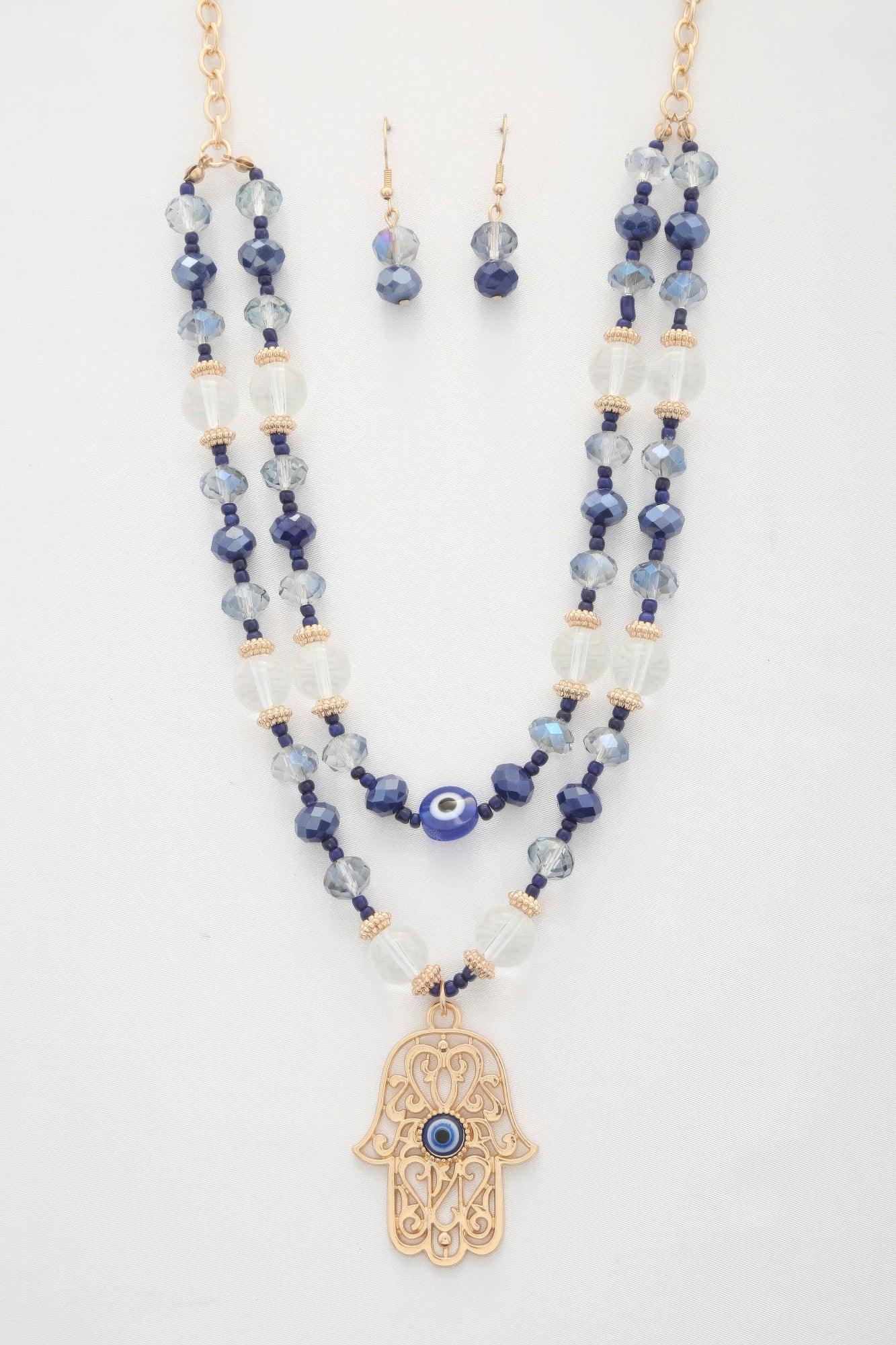 Hamsa hand pendant beaded layered necklace - minbolu -