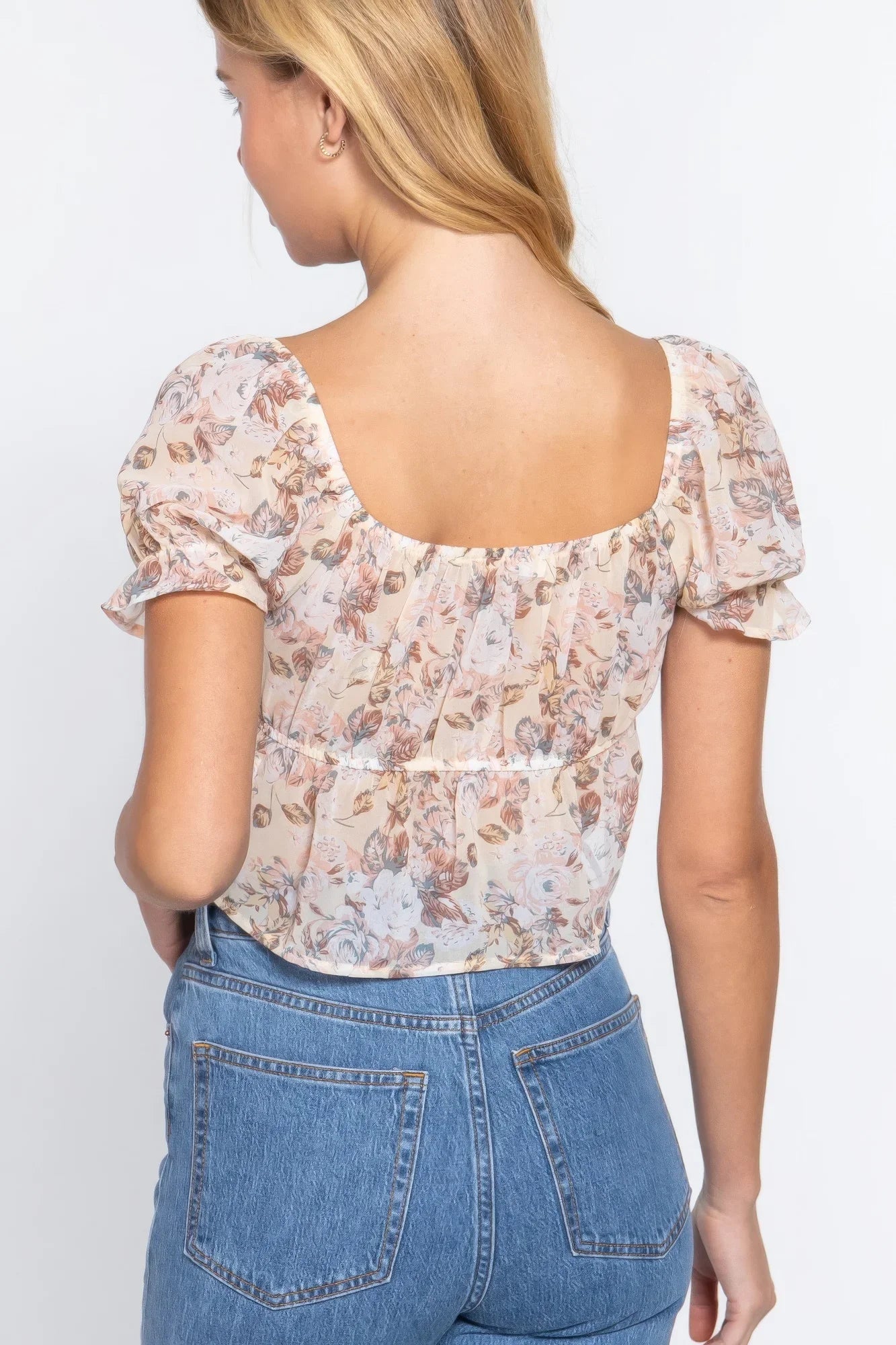 Floral Print Sweetheart Neck Top - Vanilla - minbolu -