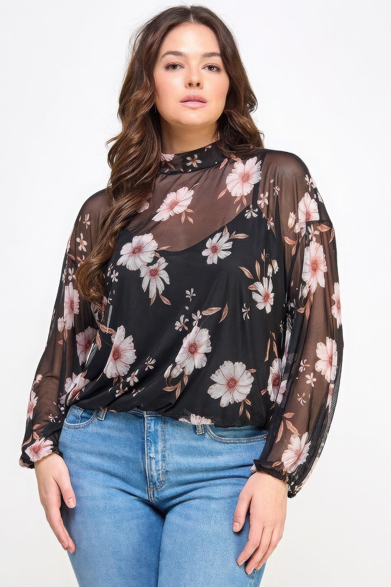 Mesh Floral Long Sleeve Top with Cami - Elegant & Comfortable - minbolu -