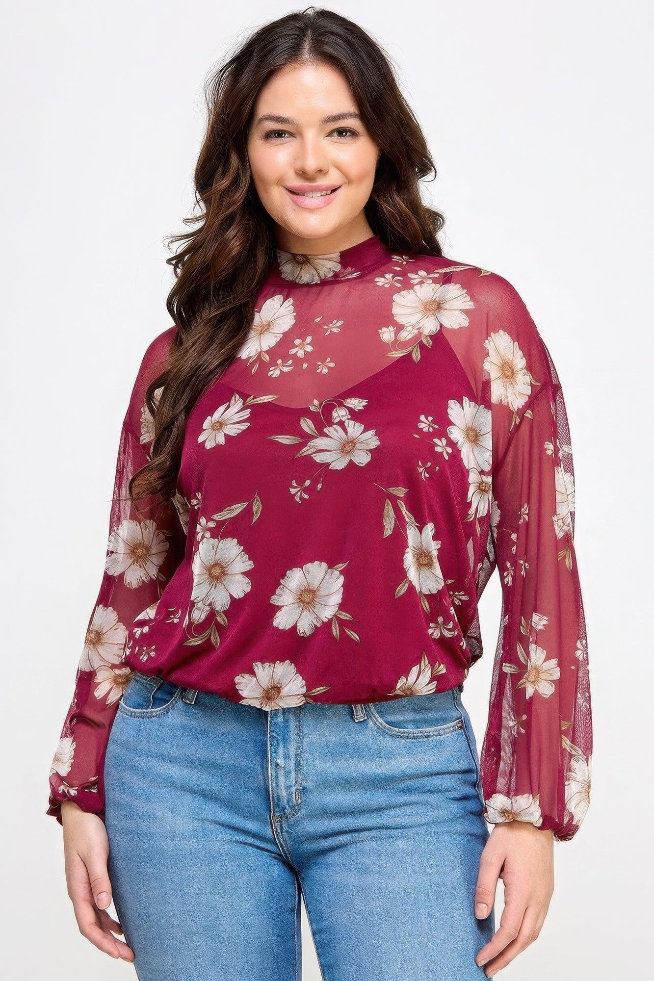 Mesh Floral Long Sleeve Top with Cami - minbolu -