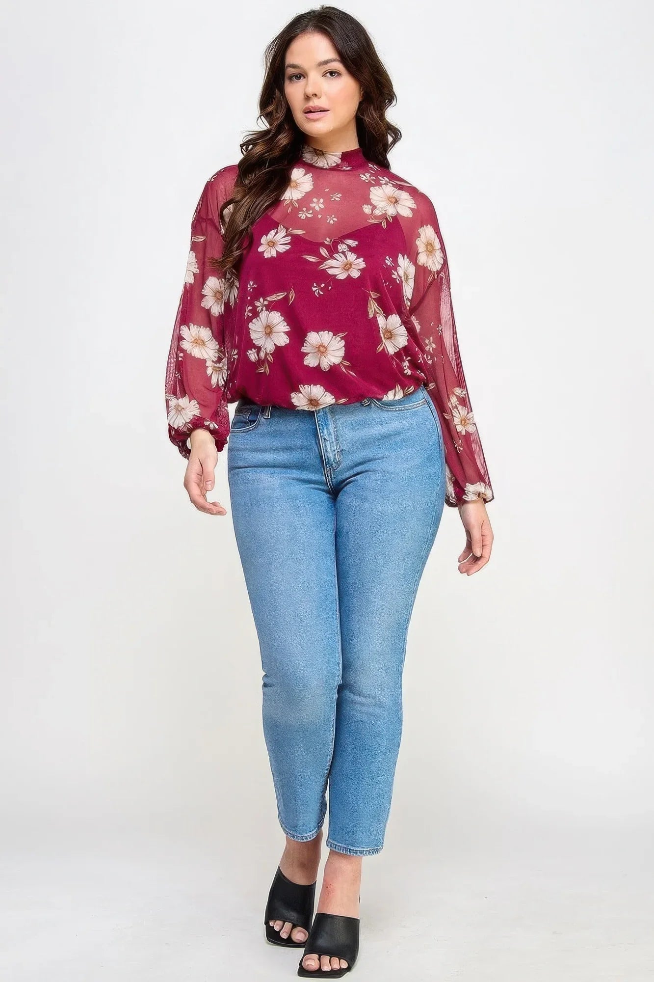 Mesh Floral Long Sleeve Top with Cami - minbolu -