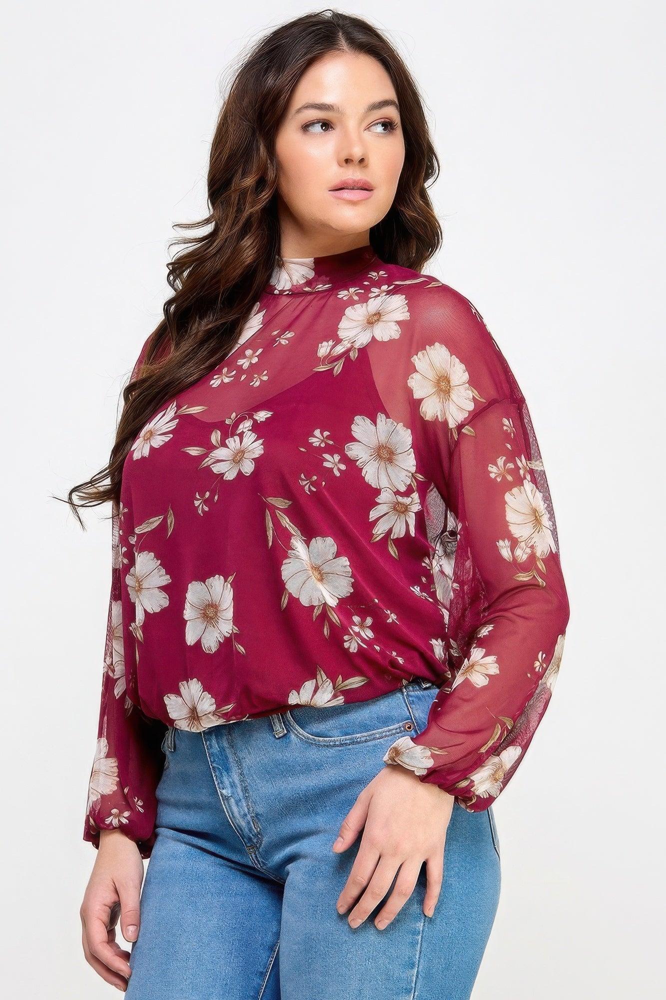 Mesh Floral Long Sleeve Top with Cami - minbolu -