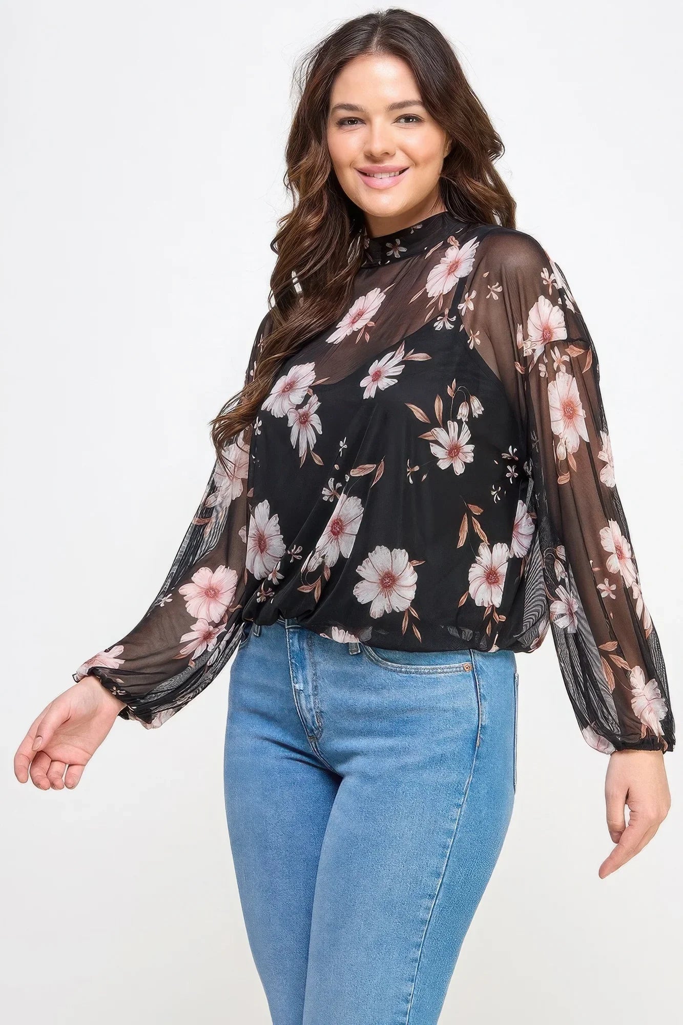 Mesh Floral Long Sleeve Top with Cami - Elegant & Comfortable - minbolu -