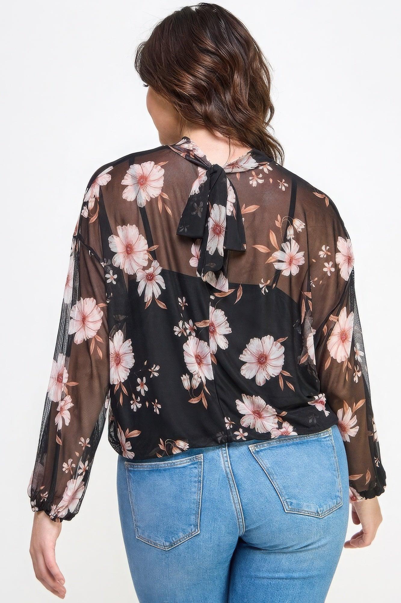 Mesh Floral Long Sleeve Top with Cami - Elegant & Comfortable - minbolu -
