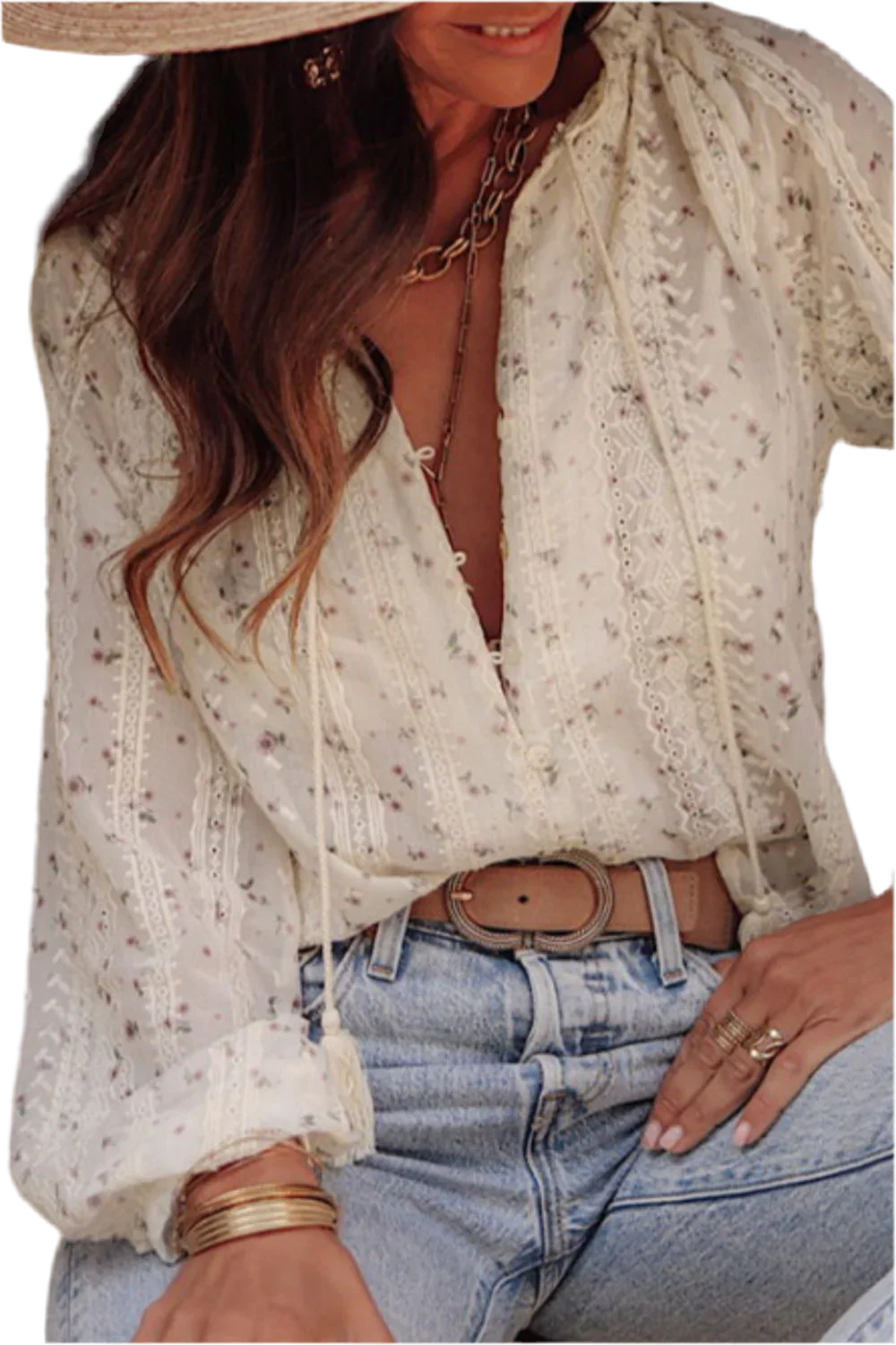 Frill Lace Detail Printed Long Sleeve Blouse - minbolu -