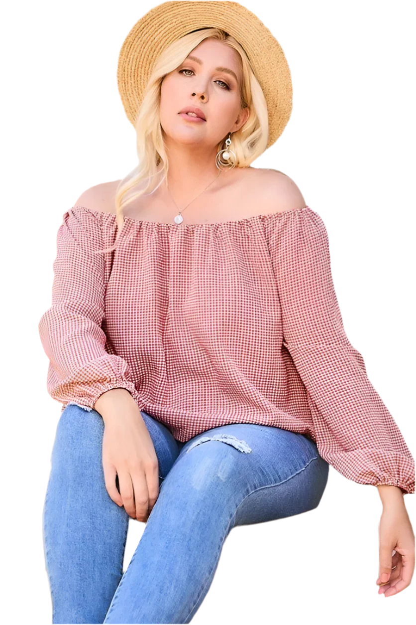 Off Shoulder Long Bubble Sleeve Plaid Top in Brick - minbolu -