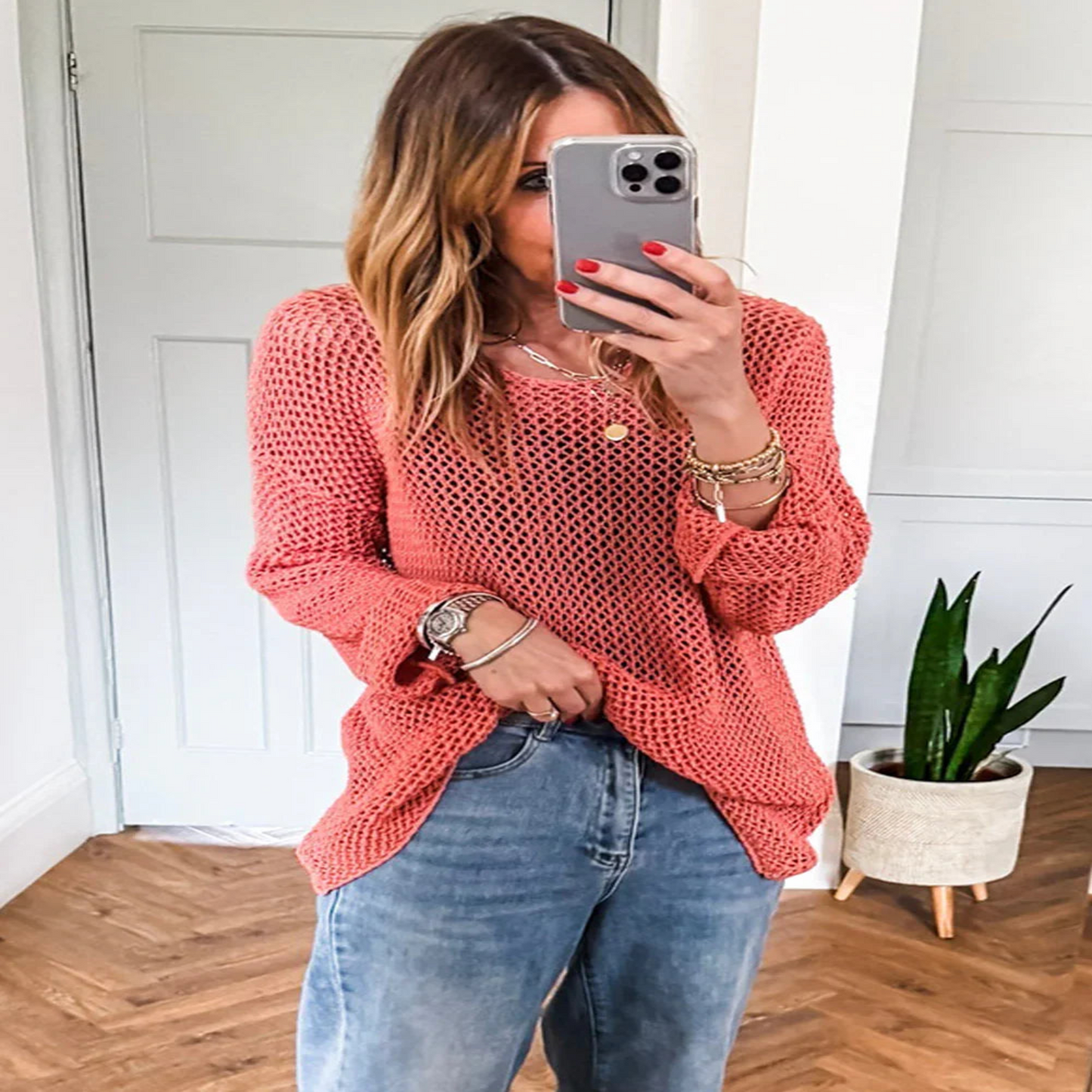 Coral Crochet Hollow-out Knit Sweater - minbolu -