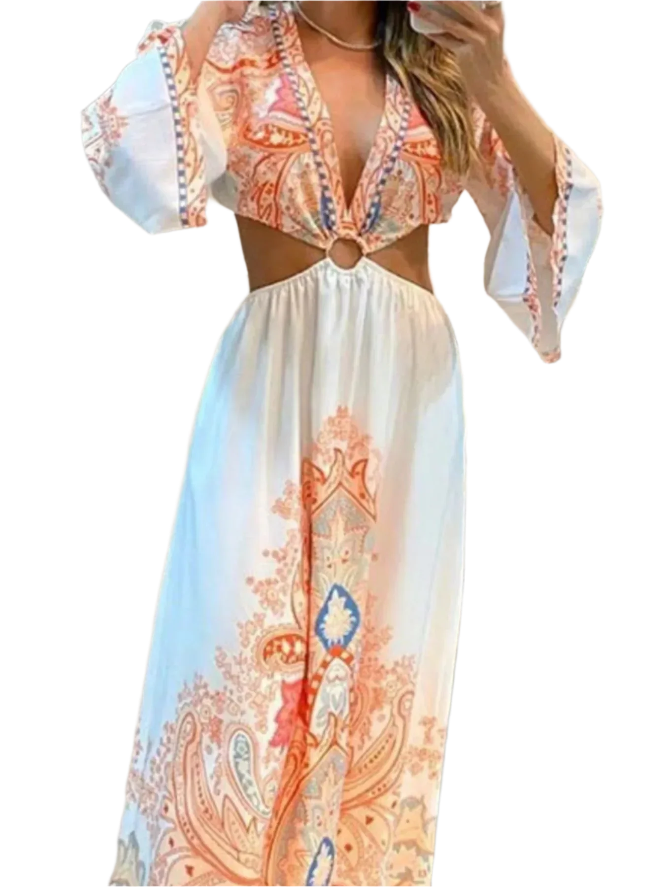 minbolu Paisley Cut-Out Maxi Dress in Sherbert - minbolu -