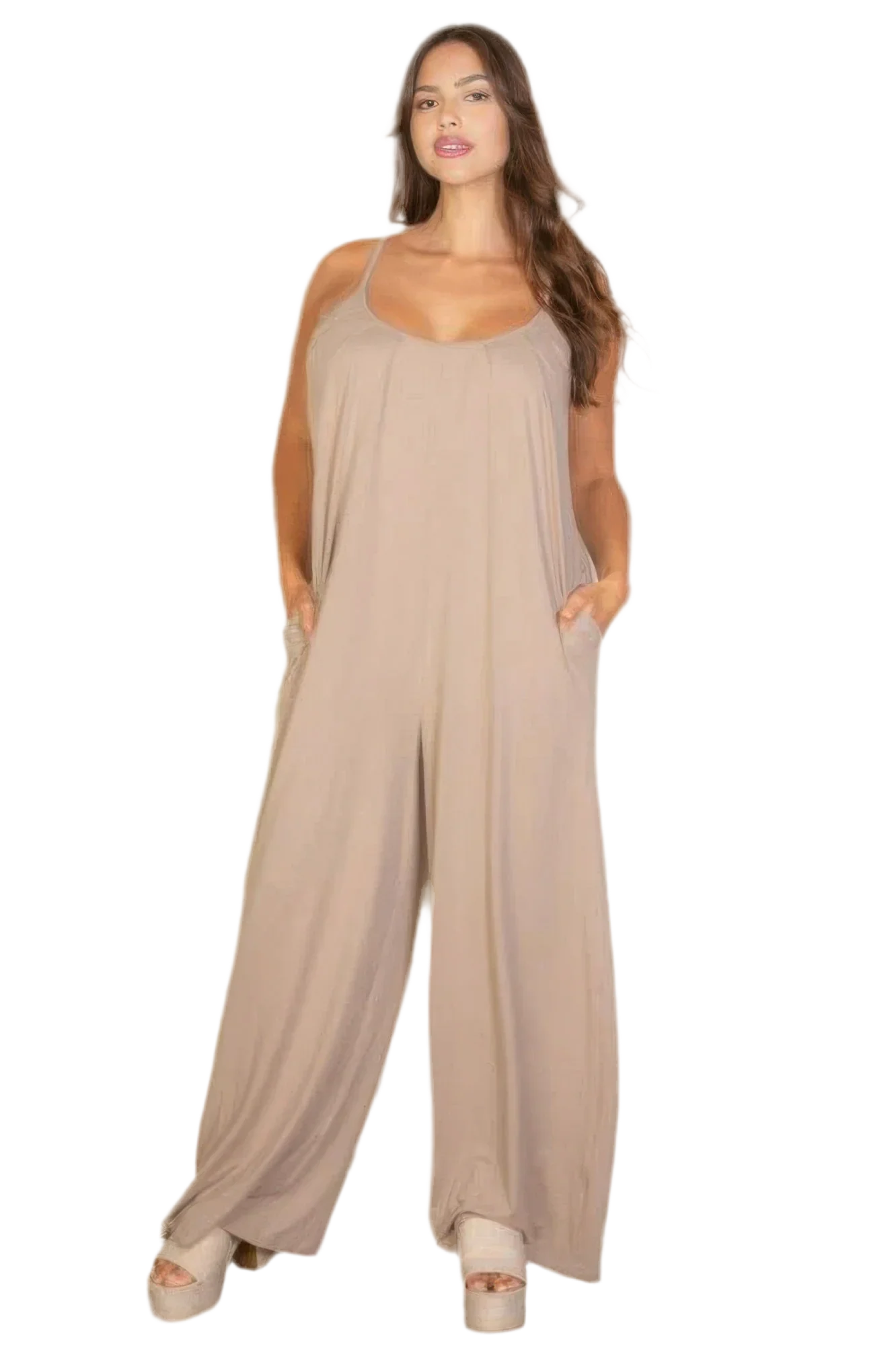 Plus Spaghetti Strap Solid Wide Jumpsuit - minbolu -