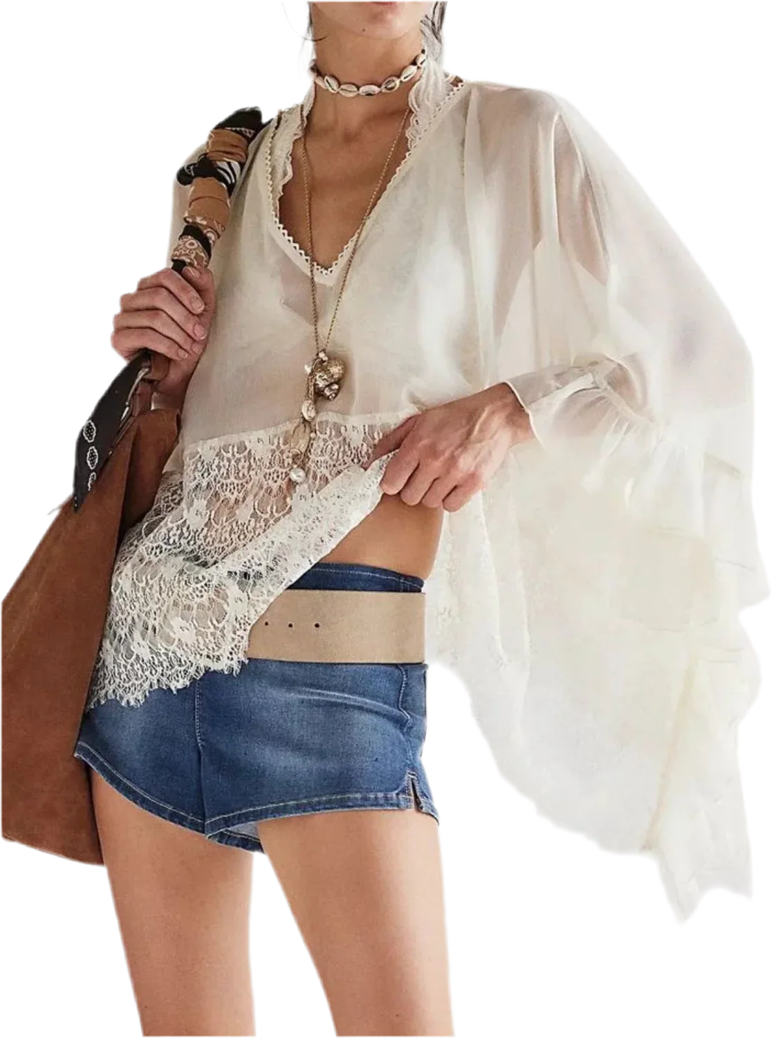 Lace V-Neck Ruffle Cover-Up - Beach Blouse - minbolu -