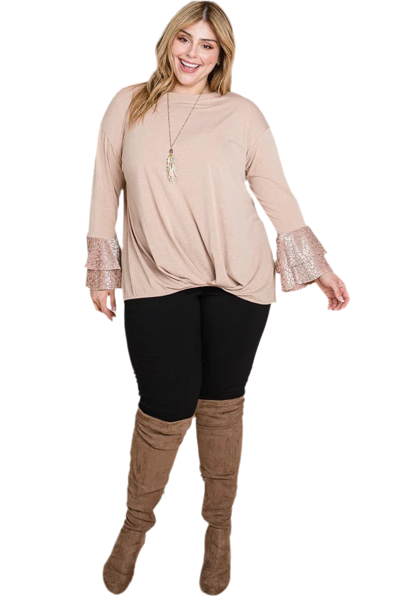 Plus Size Two Tier Velvet Animal Mesh Sleeves Top - minbolu -