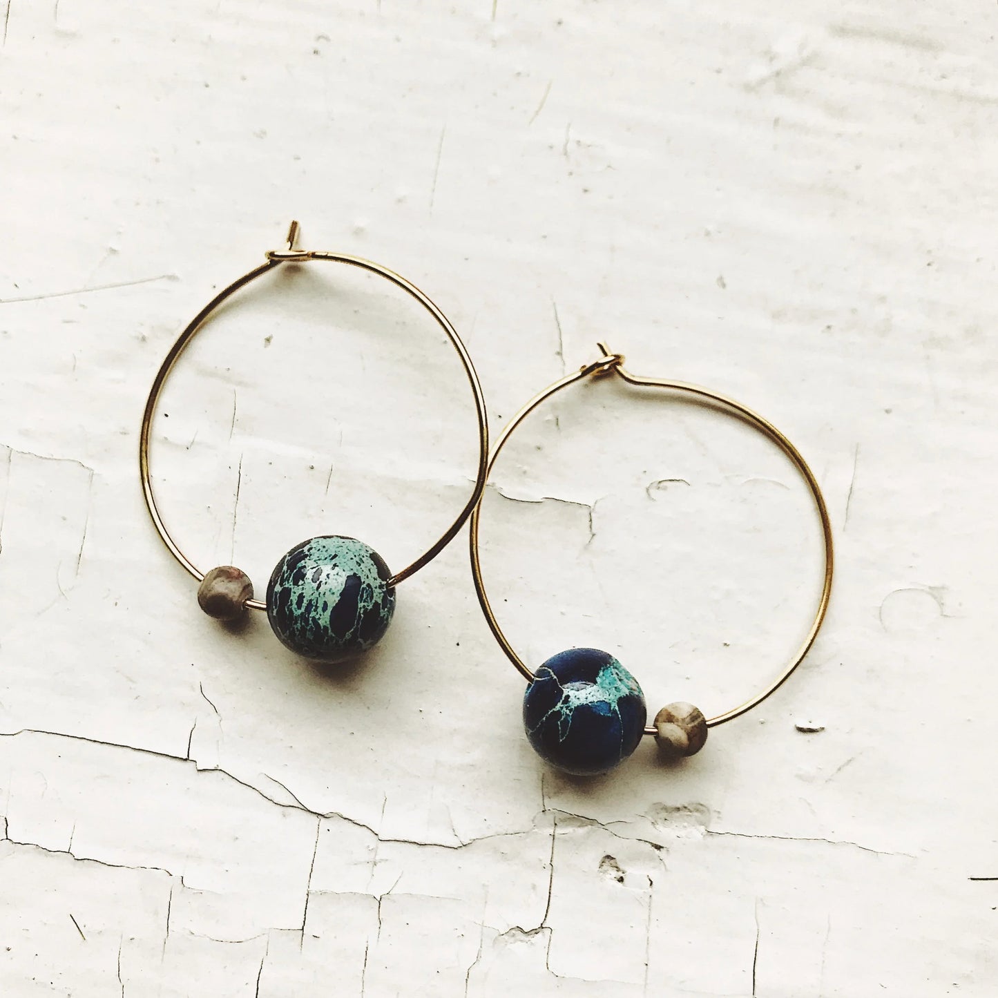 Earth and Moon Jasper Bead Hoop Earrings - minbolu -