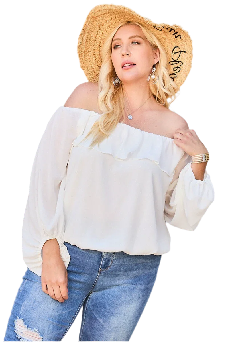 White Off Shoulder Ruffle Bubble Sleeve Top - minbolu -