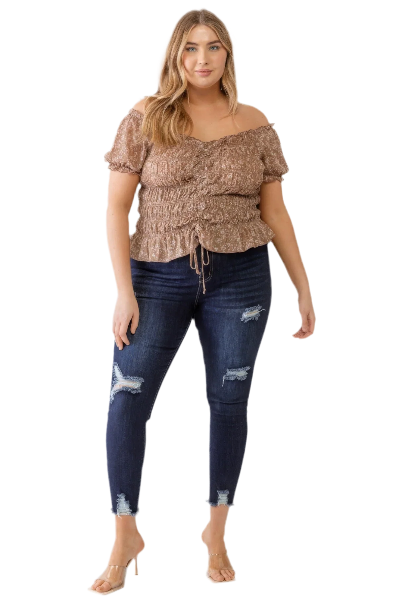 Plus Floral Chiffon Ruched Off-Shoulder Top - Mocha - minbolu -